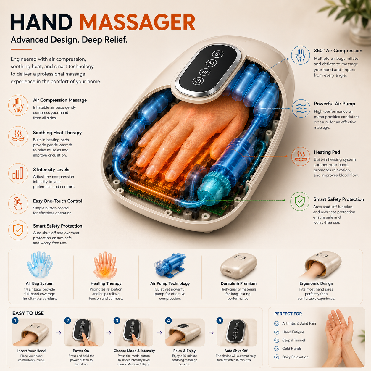 Smart Hand Massager for Palms and Wrist Joints with Heat Therapy
